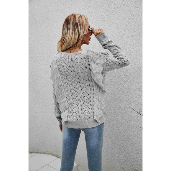 Openwork Round Neck Ruffled Sweater - Picture 8 of 16